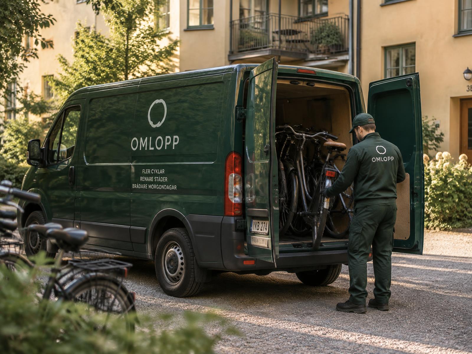 OMLOPP-skåpbil där en medarbetare lastar in cyklar på en bostadsgård